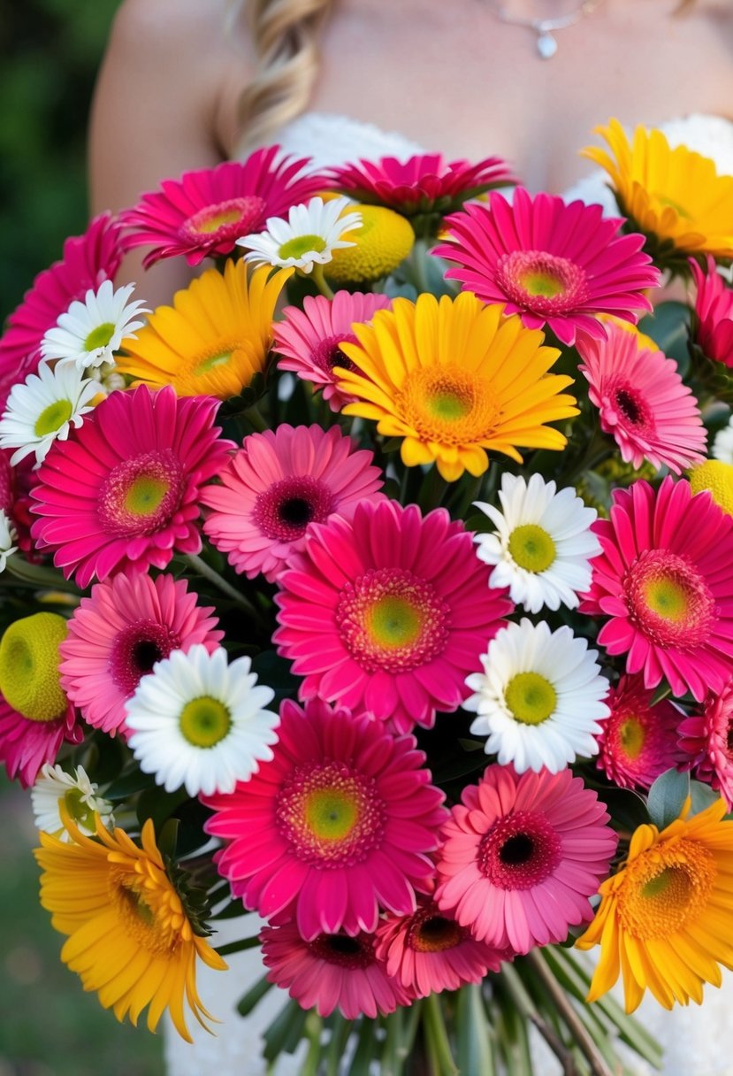 A vibrant bouquet of bright daisies and gerbera daisies arranged in a stunning wedding bouquet