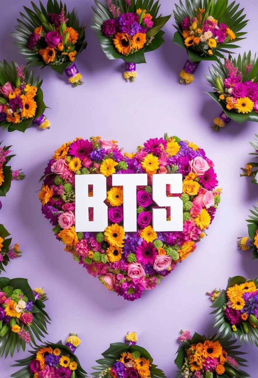 A vibrant bouquet of flowers arranged in the shape of the BTS logo, surrounded by smaller floral arrangements inspired by the group's music and aesthetic