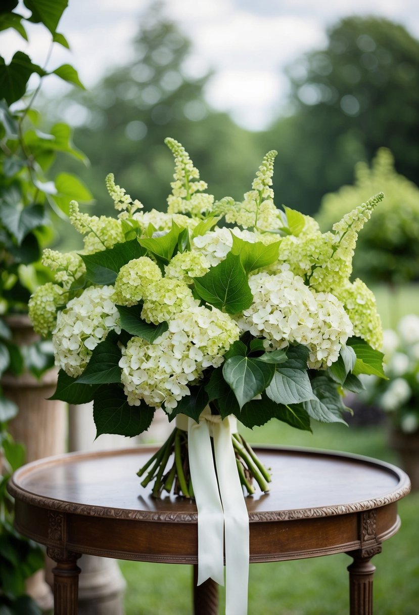 A lush bouquet of hydrangeas and ivy, tied with a delicate ribbon, sits on a vintage table