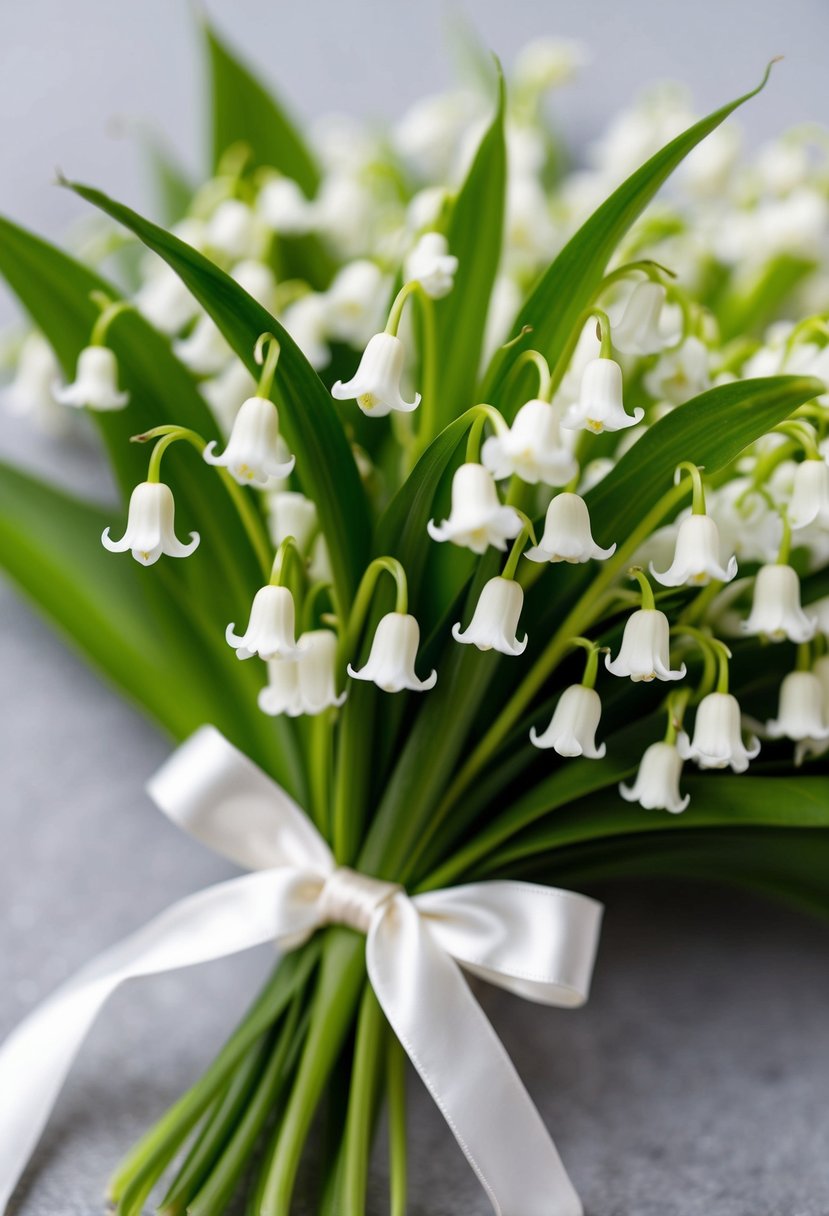 A delicate, fragrant Lily of the Valley bouquet, accented with pure white blooms, tied with a satin ribbon