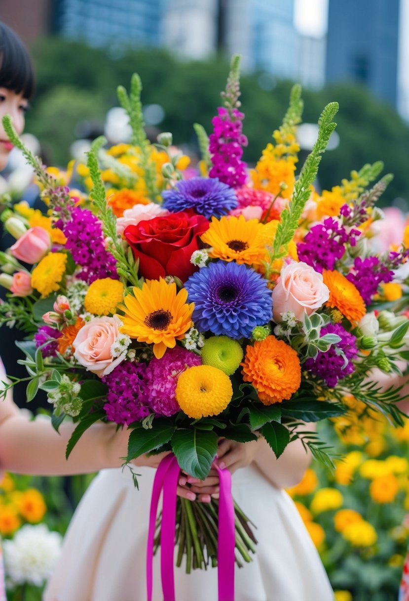 A vibrant bouquet of colorful flowers arranged in a custom photocard floral creation, inspired by k-pop wedding themes