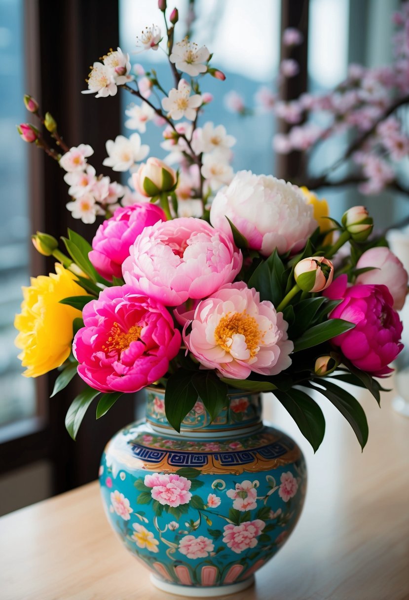 A colorful bouquet of peonies, roses, and cherry blossoms arranged in a traditional Korean hanbok-inspired vase