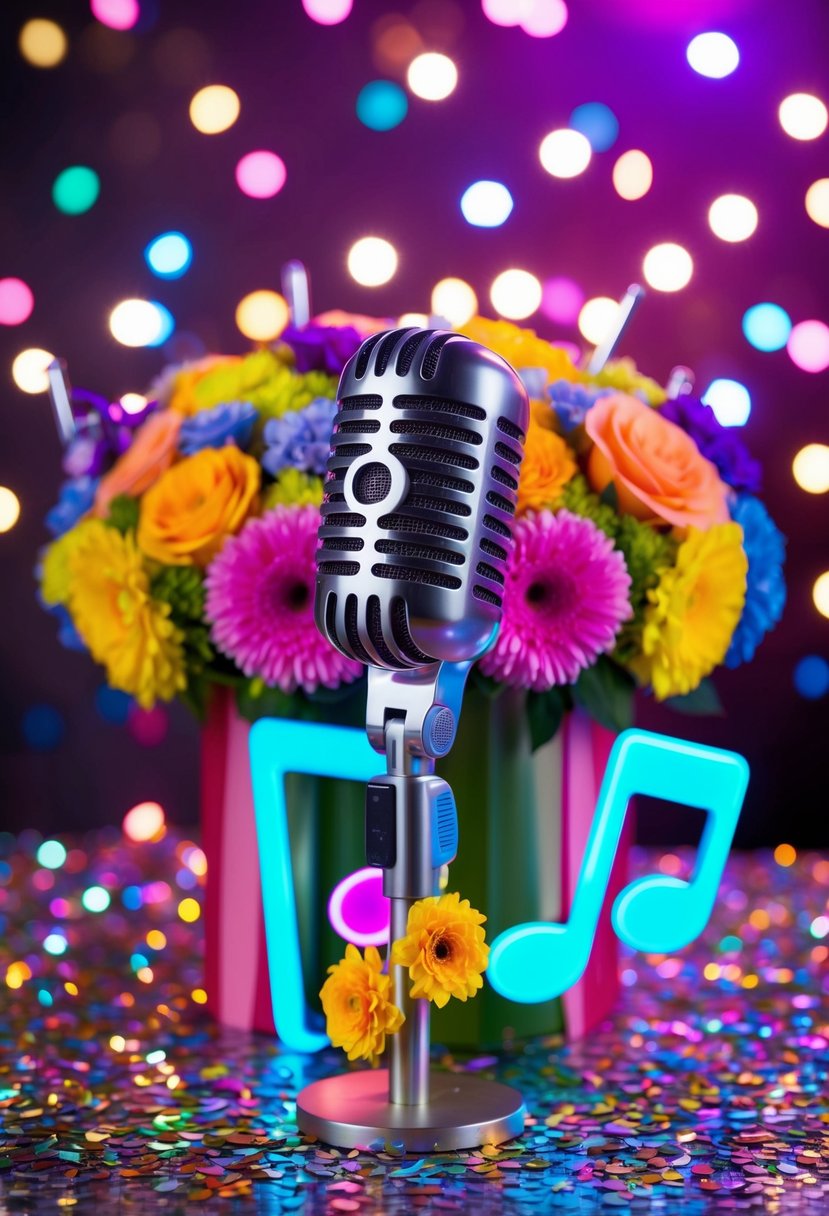 Colorful floral arrangements shaped like microphones and music notes, surrounded by glittering confetti and neon lights