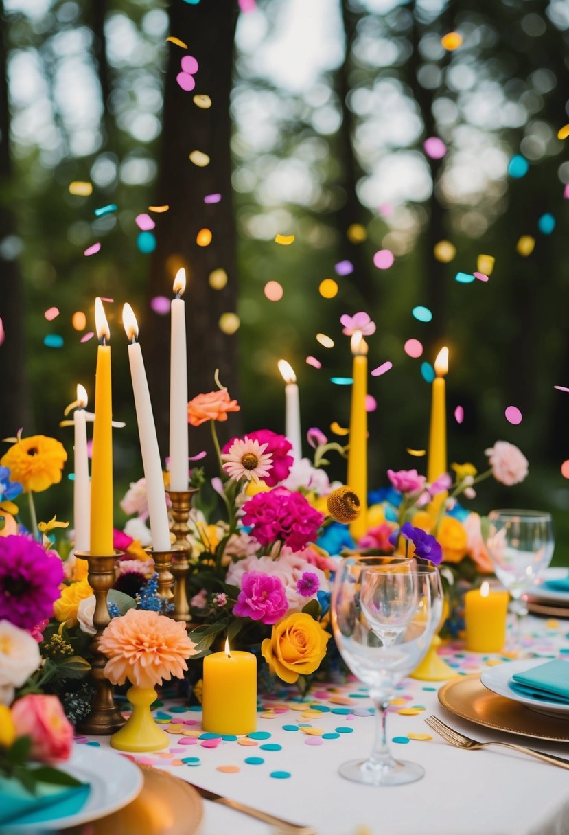 A whimsical table adorned with colorful flowers, delicate candles, and playful confetti, creating a joyful and lighthearted wedding atmosphere