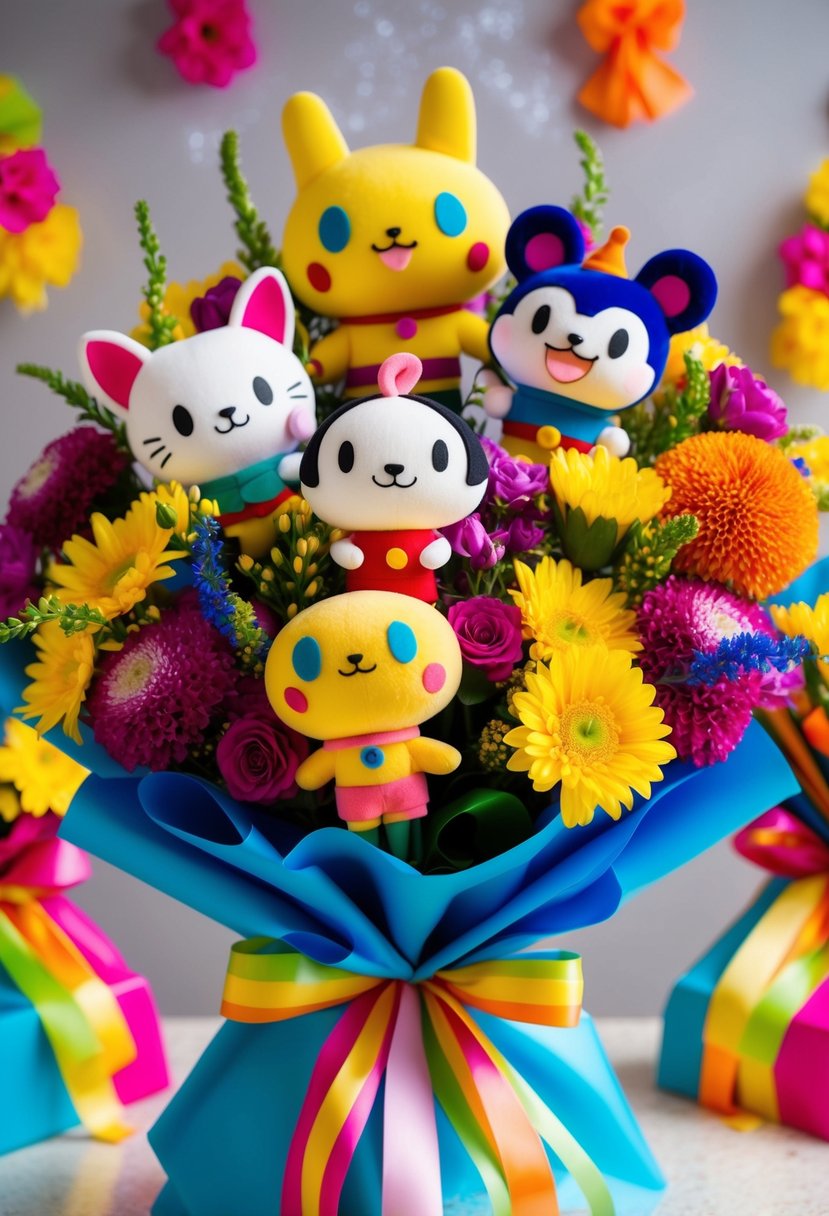 A bouquet of vibrant flowers arranged in a BT21 theme, featuring characters like Tata, Cooky, and Chimmy, with colorful ribbons and decorative accents