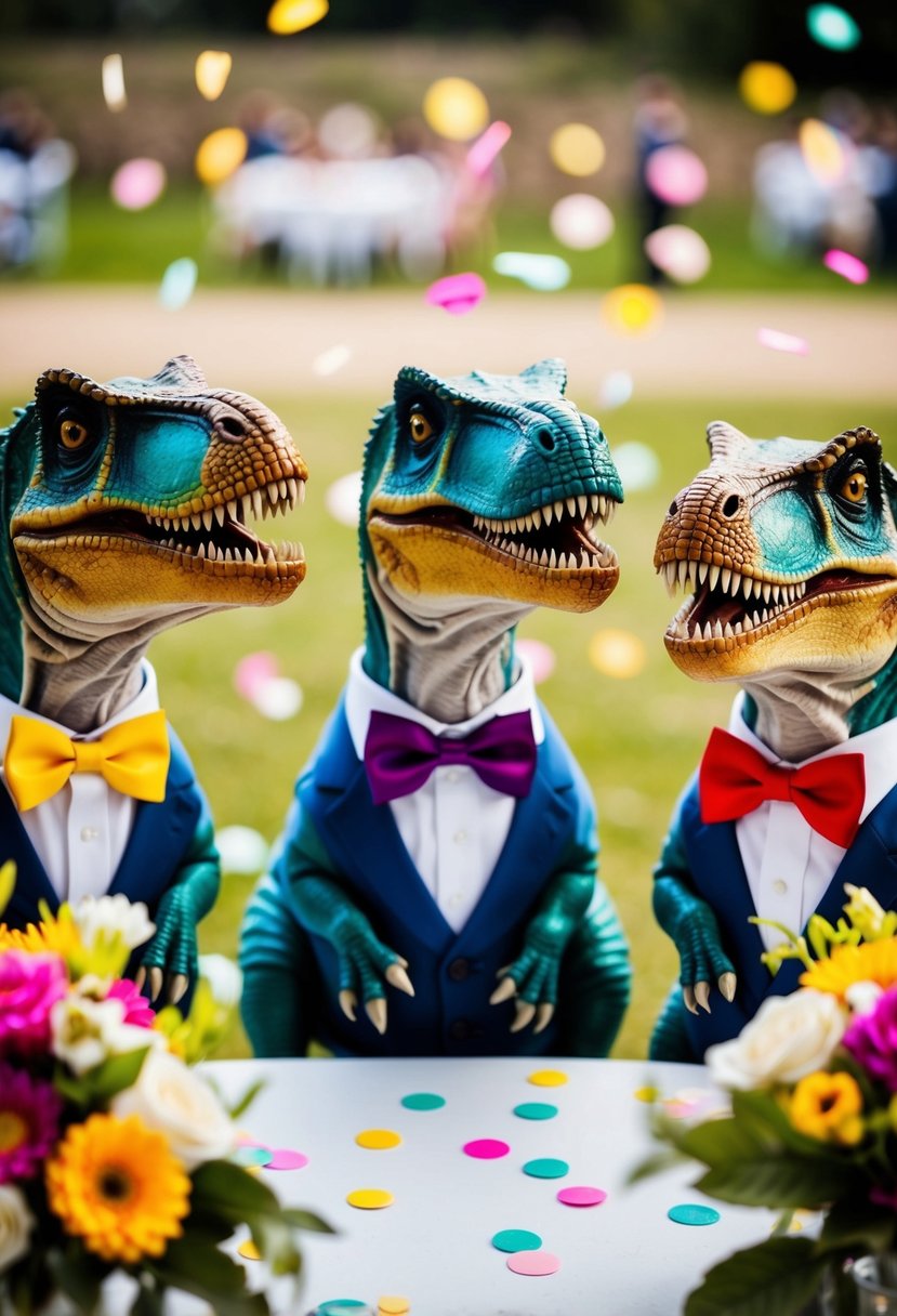 Dinosaurs wearing colorful bow ties, surrounded by flowers and confetti on a wedding table