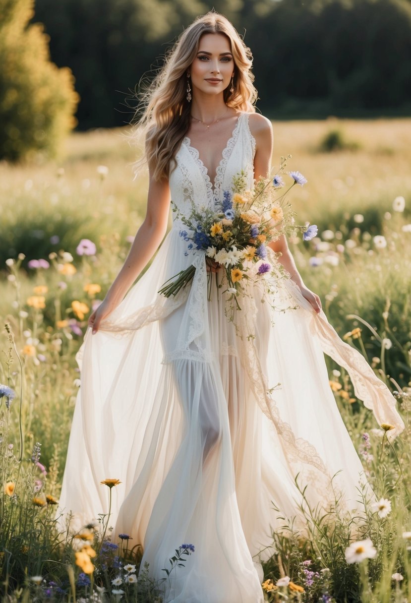 A flowing, bohemian wedding dress adorned with wildflowers and lace, set against a backdrop of a sun-drenched meadow