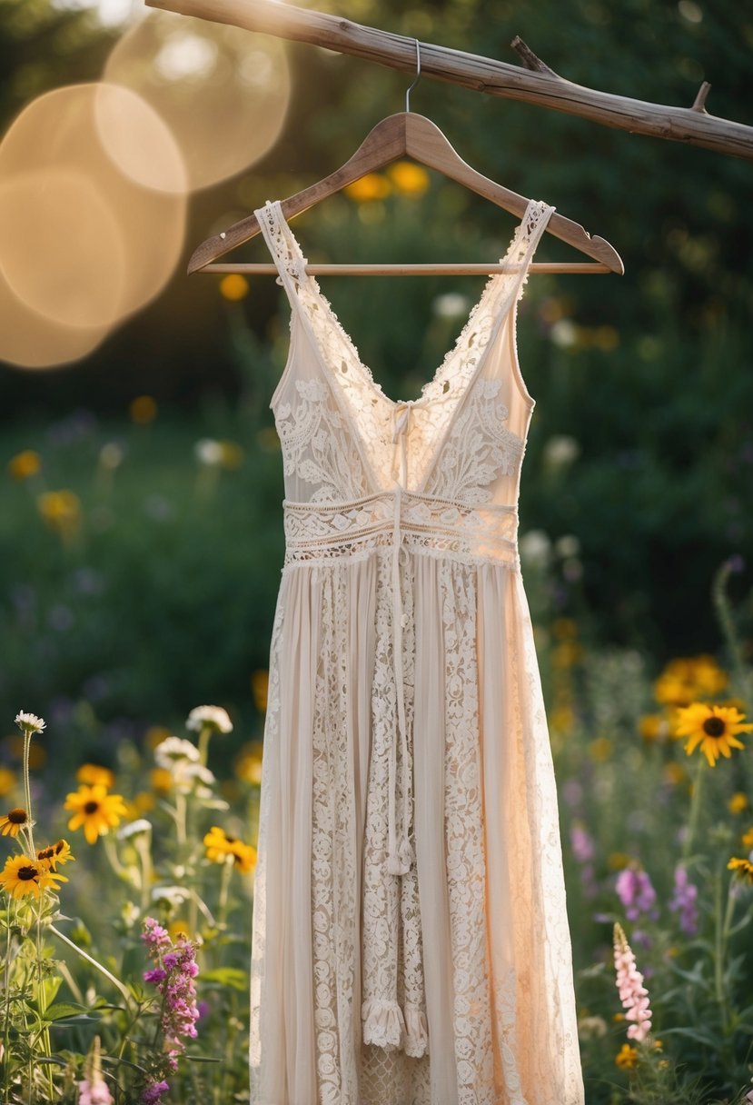 A flowy lace bohemian dress hangs on a rustic wooden hanger, surrounded by wildflowers and vintage accessories