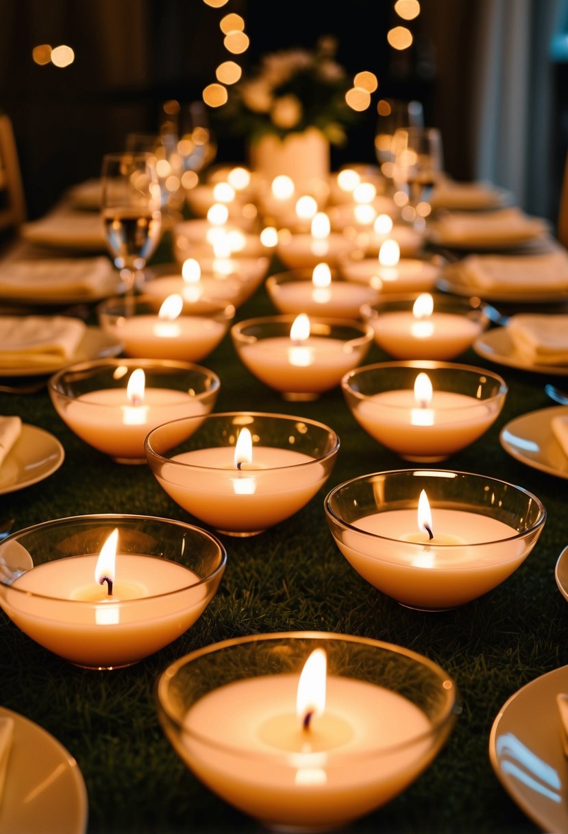 Floating candle bowls illuminate a romantic wedding table, casting a warm and enchanting glow