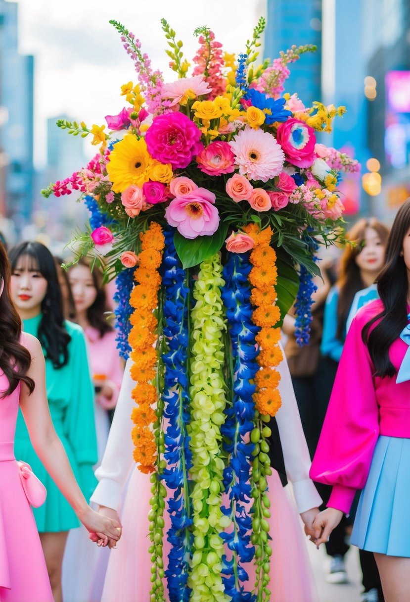 A vibrant, cascading bouquet featuring colorful K-pop inspired flowers and elements, exuding a sense of Hallyu flair and energy