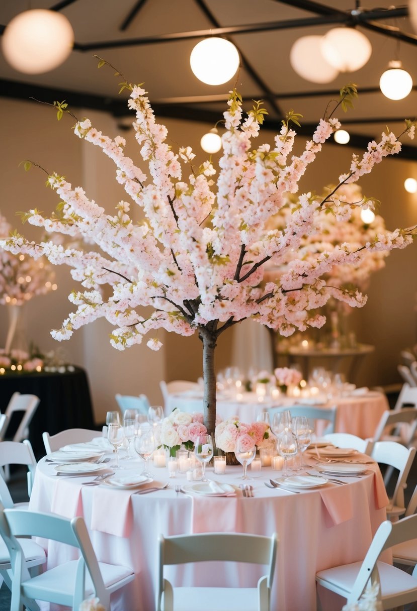 A round table adorned with a soft pink cherry blossom centerpiece, surrounded by lighthearted wedding decorations