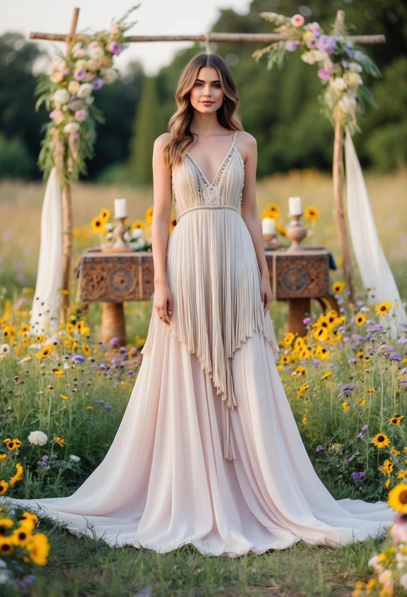 A flowy maxi gown with fringe accents, surrounded by wildflowers and a bohemian altar