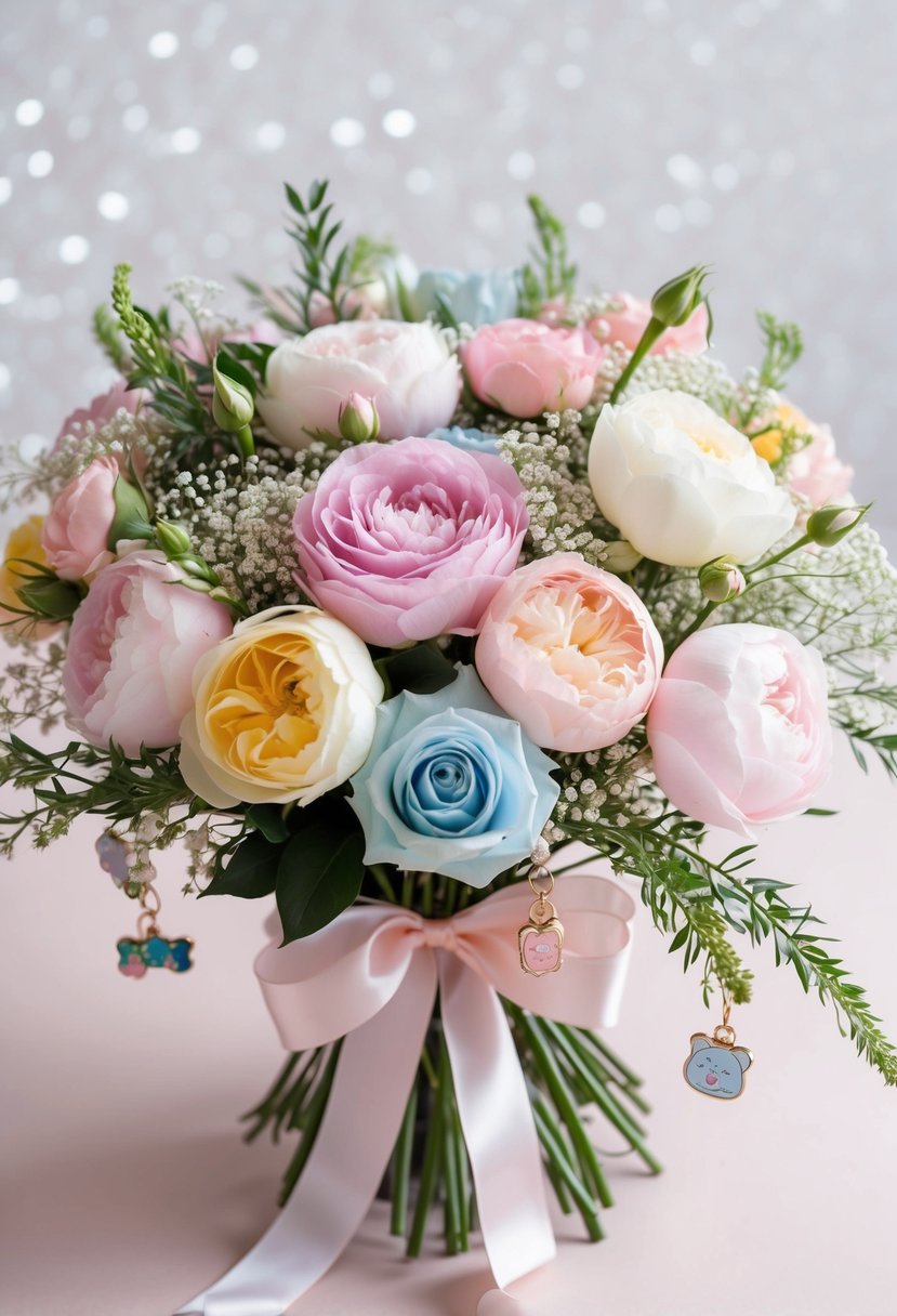 A bouquet of pastel-colored roses, peonies, and baby's breath arranged in a delicate, cascading style with a ribbon adorned with K-Pop-inspired charms