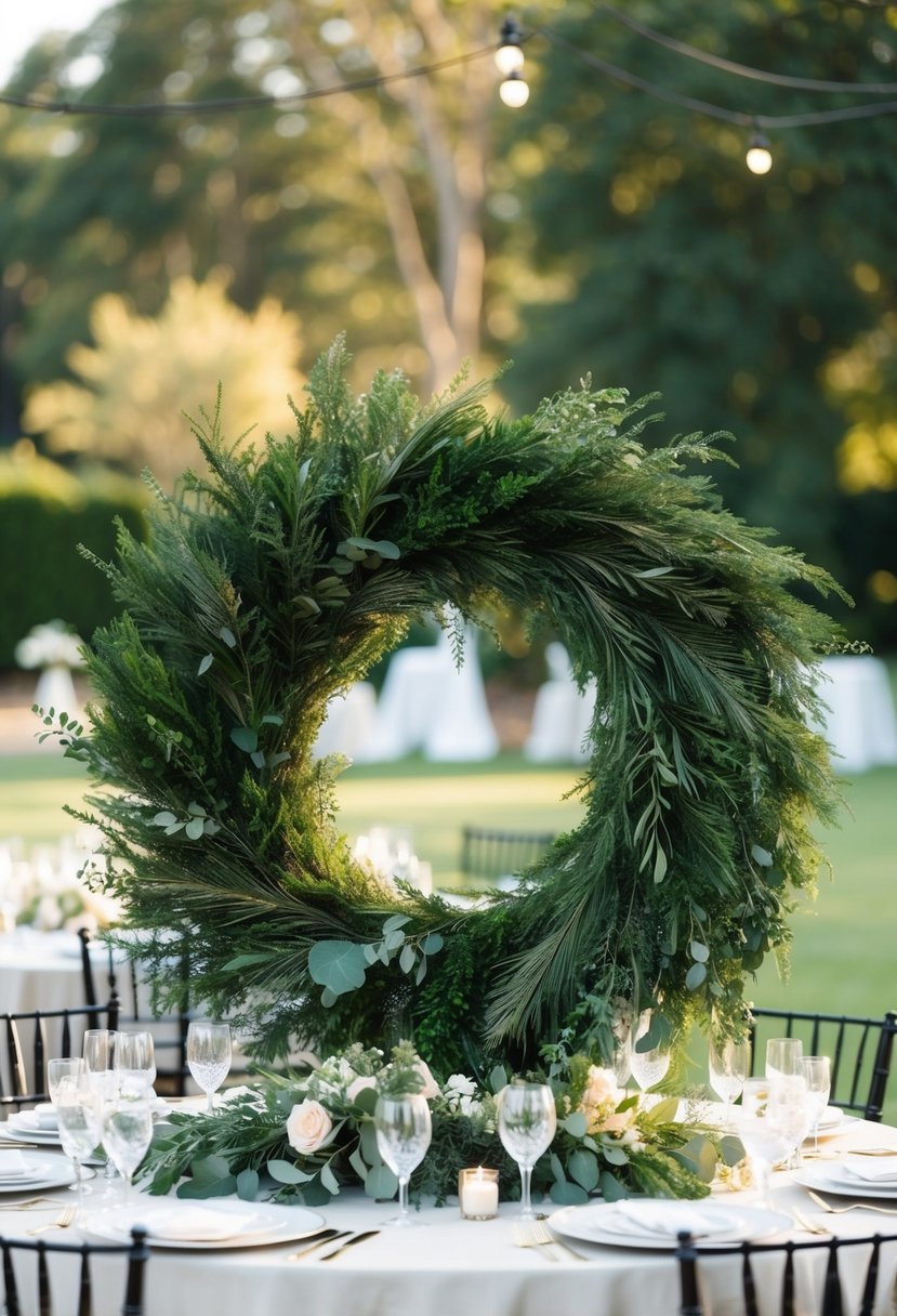 An oversized greenery wreath adorns a wedding table, adding a light-hearted touch to the celebration