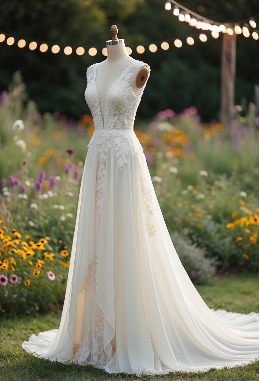 A flowing ivory chiffon wedding dress adorned with vintage-inspired lace and floral details, set against a backdrop of a bohemian garden with wildflowers and twinkling lights