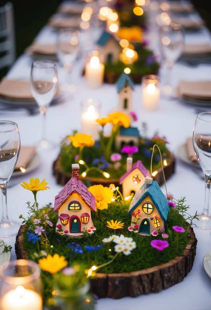 A whimsical miniature garden with tiny fairy houses, colorful flowers, and twinkling lights adorning a wedding table