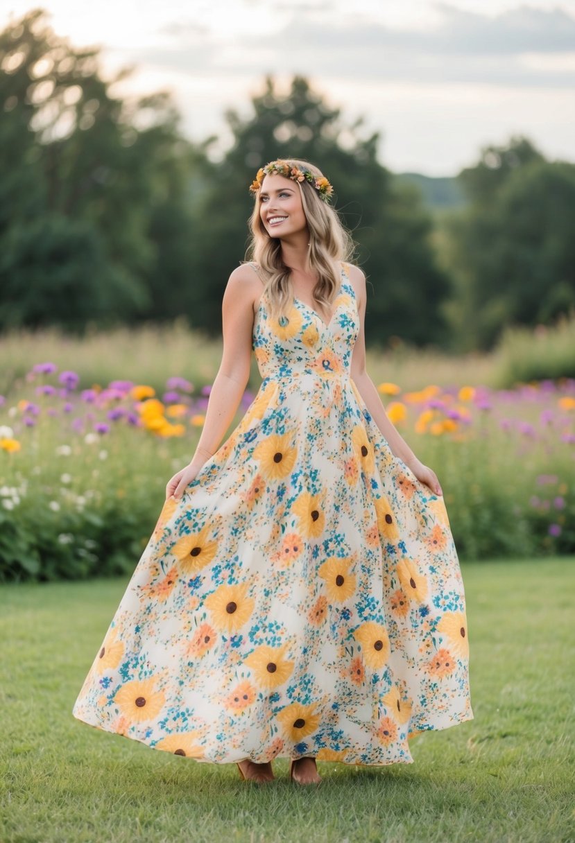 A flowing A-line dress with colorful floral patterns, set against a backdrop of a serene outdoor hippie wedding