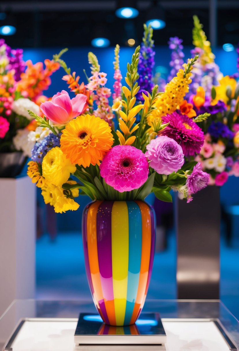 A colorful vase filled with a variety of vibrant flowers, inspired by K-Pop, sits on a sleek display stand