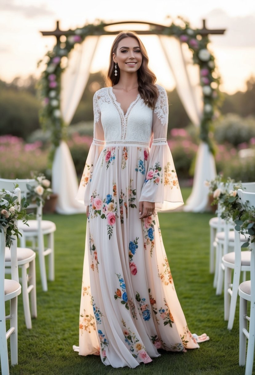 A flowing boho chic dress with bell sleeves, adorned with floral patterns and lace details, set against a backdrop of a whimsical outdoor wedding venue