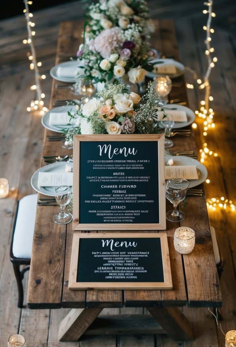 A rustic wooden table adorned with personalized chalkboard menu signs, surrounded by delicate floral arrangements and twinkling fairy lights