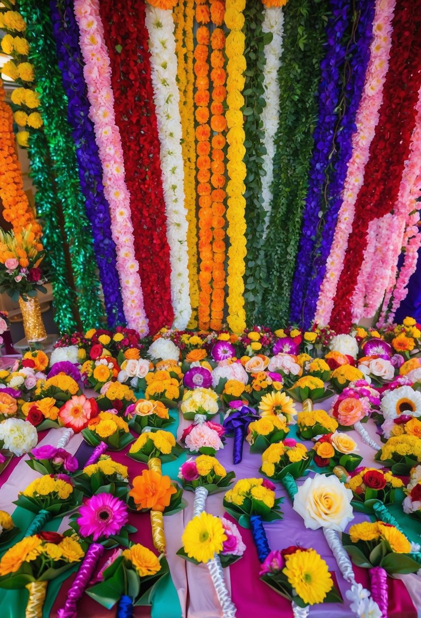 A colorful array of garland bouquets inspired by k pop idols, arranged in a festive display for a wedding celebration