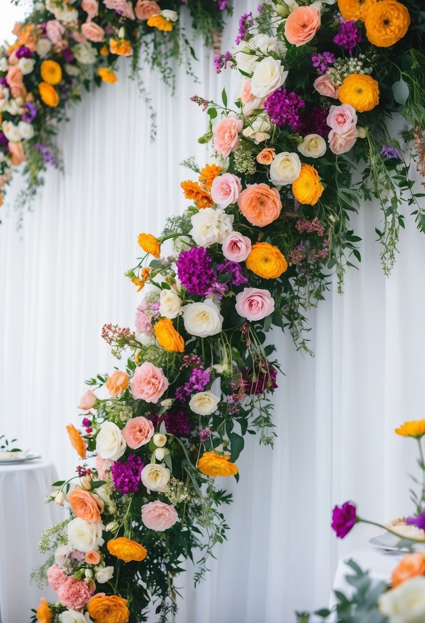 A colorful array of flowers arranged in a cascading pattern against a white backdrop, creating a whimsical and romantic atmosphere for a wedding table decoration