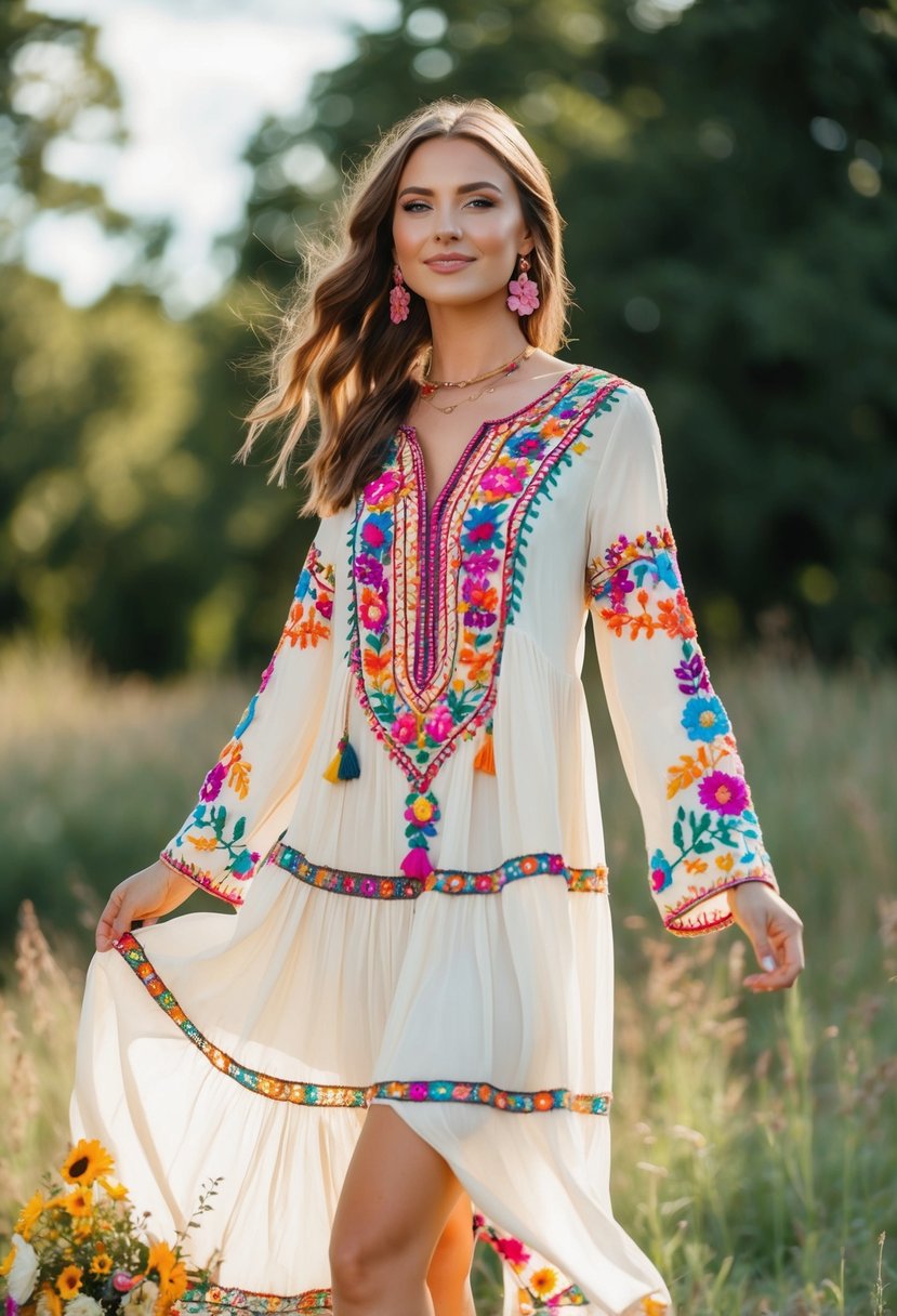 A bohemian-inspired tunic dress adorned with colorful embroidery, flowing in the breeze at an outdoor hippie wedding