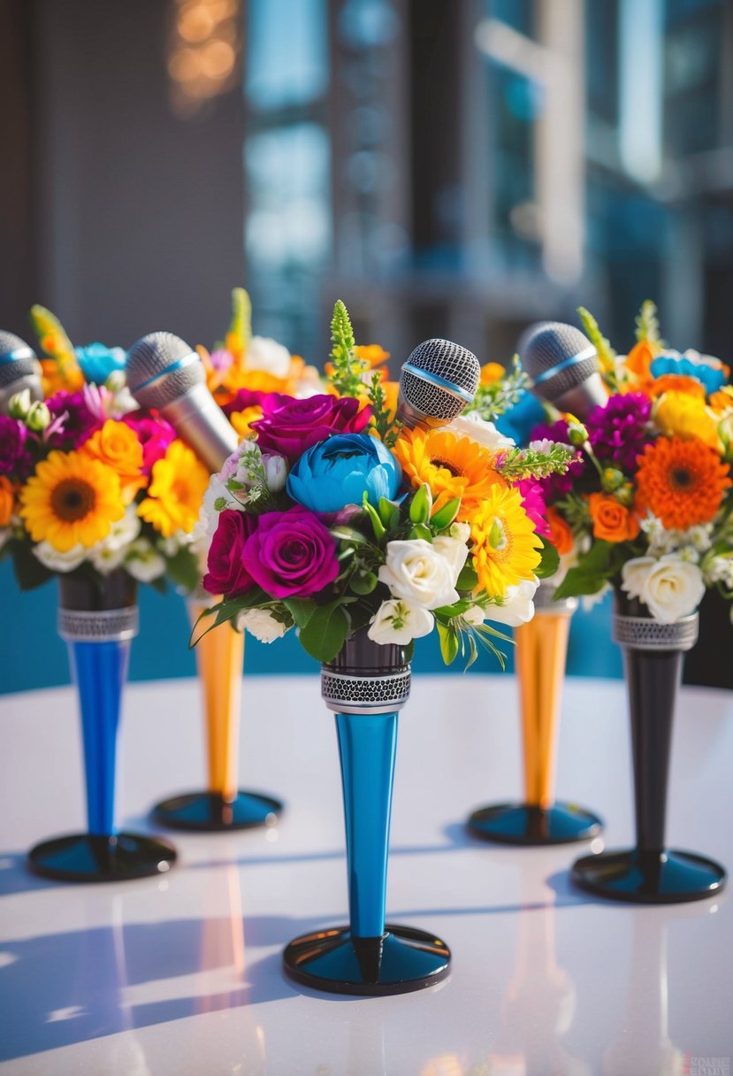 Colorful floral arrangements adorn miniature mic stands at a k-pop themed wedding, creating unique and vibrant wedding bouquet ideas