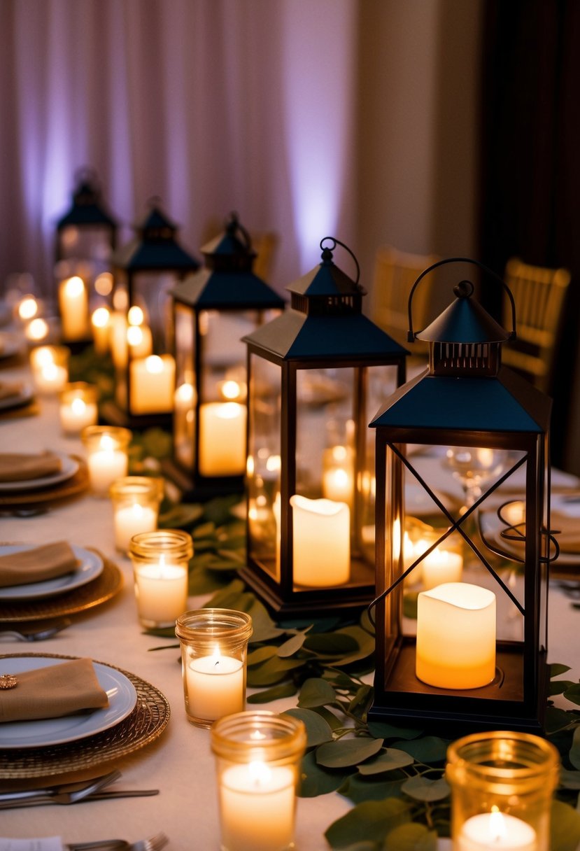 A table adorned with vintage lanterns, each glowing with LED candles, creating a warm and romantic atmosphere for a wedding celebration