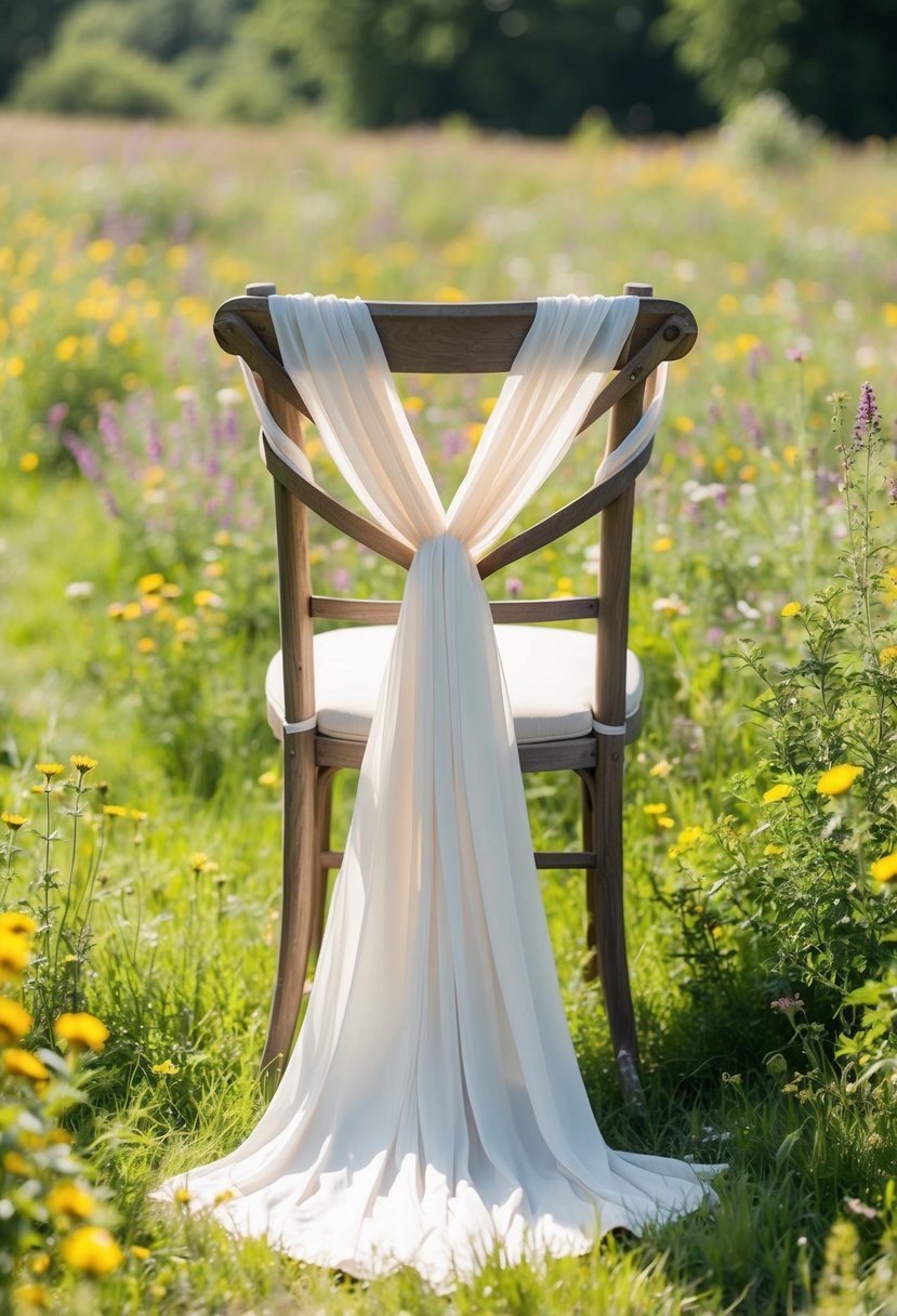 A flowing, open-back bohemian gown drapes over a rustic wooden chair in a sun-drenched field, surrounded by wildflowers and greenery