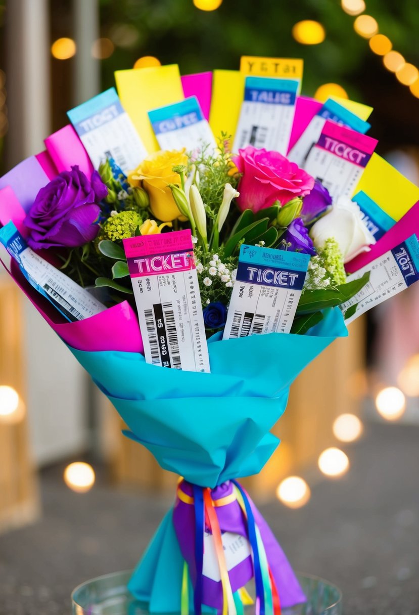 Colorful concert tickets wrapped around vibrant bouquets, inspired by k-pop, create unique wedding decor