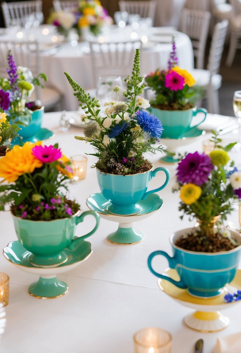 Mismatched tea cup planters arranged on a table, filled with colorful flowers and greenery, adding a whimsical touch to a wedding reception