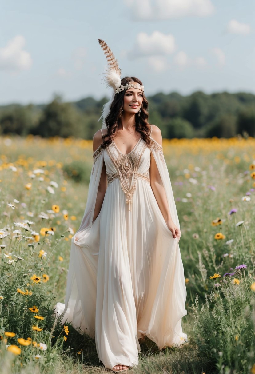 A bride wearing a flowy, bohemian wedding dress adorned with a feathered headpiece, standing in a field of wildflowers