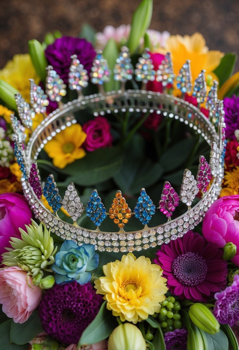 A group of rhinestone-embellished flower crowns arranged in a circular bouquet, with vibrant colors and various floral shapes