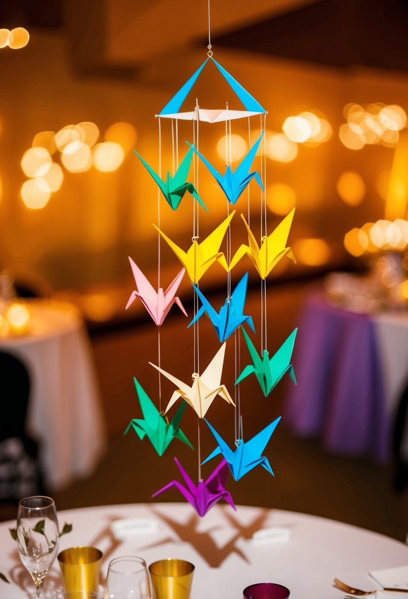 A colorful origami crane mobile hangs above a wedding table, casting playful shadows in the warm light