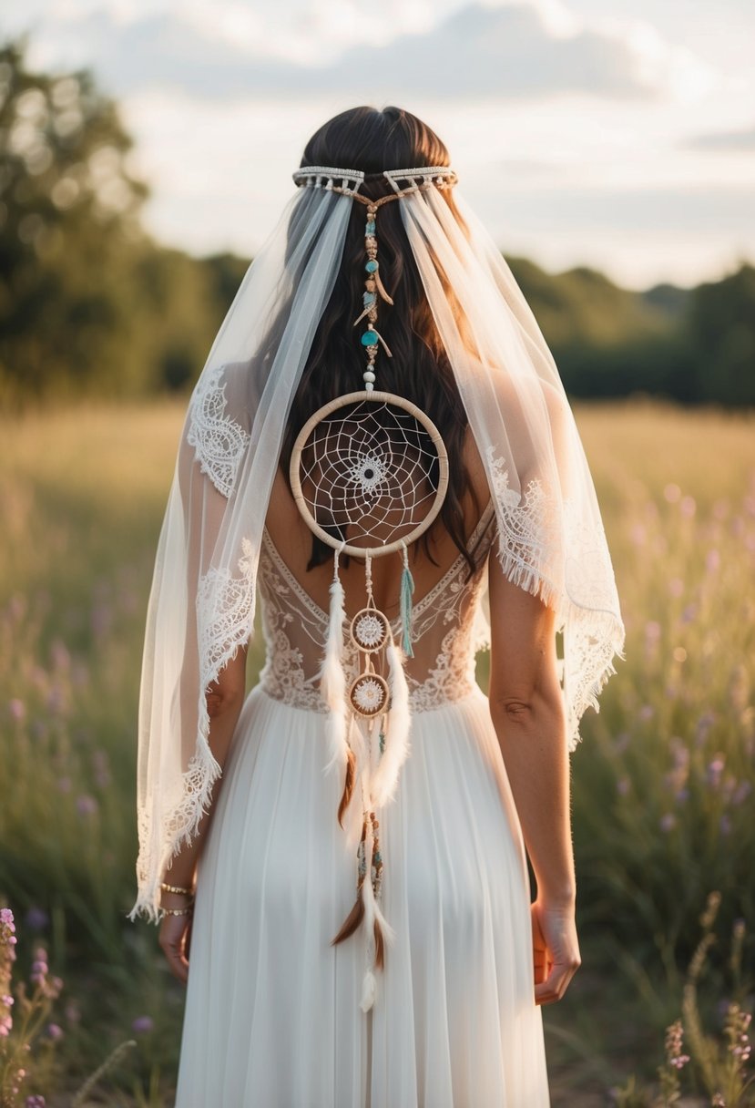 A dreamcatcher veil drapes over a flowing, bohemian wedding dress adorned with delicate handmade lace and intricate beadwork