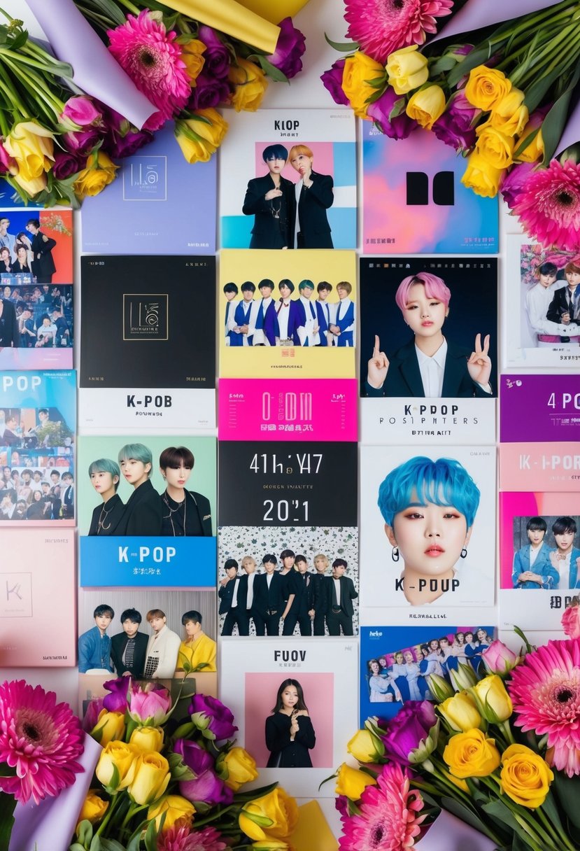 A colorful assortment of k-pop album covers and concert photos are arranged in a collage, surrounded by vibrant floral bouquet wrappers