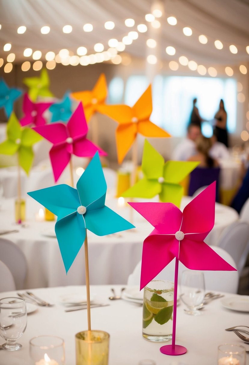 Colorful paper pinwheels spin atop tables, catching the light and adding a whimsical touch to the wedding decor