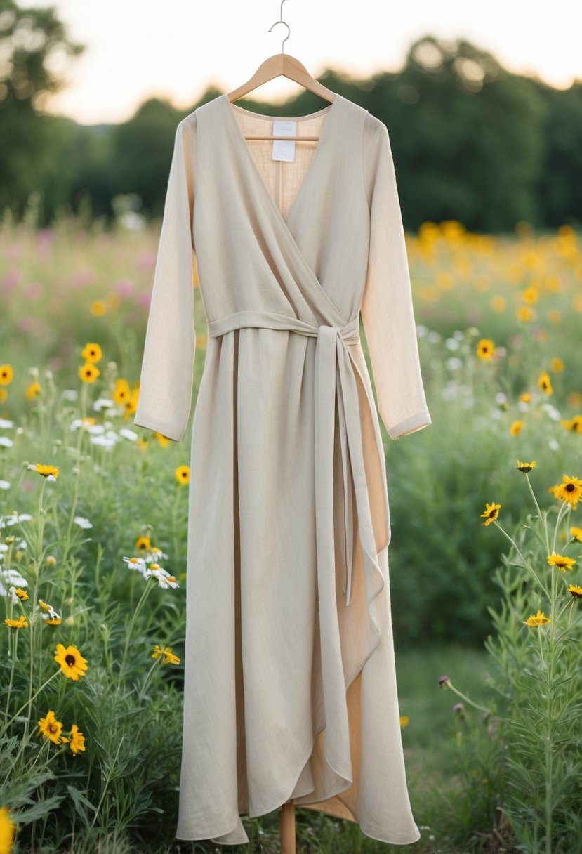 A flowy linen wrap dress in a natural, earthy tone, set against a backdrop of wildflowers and a serene outdoor wedding setting