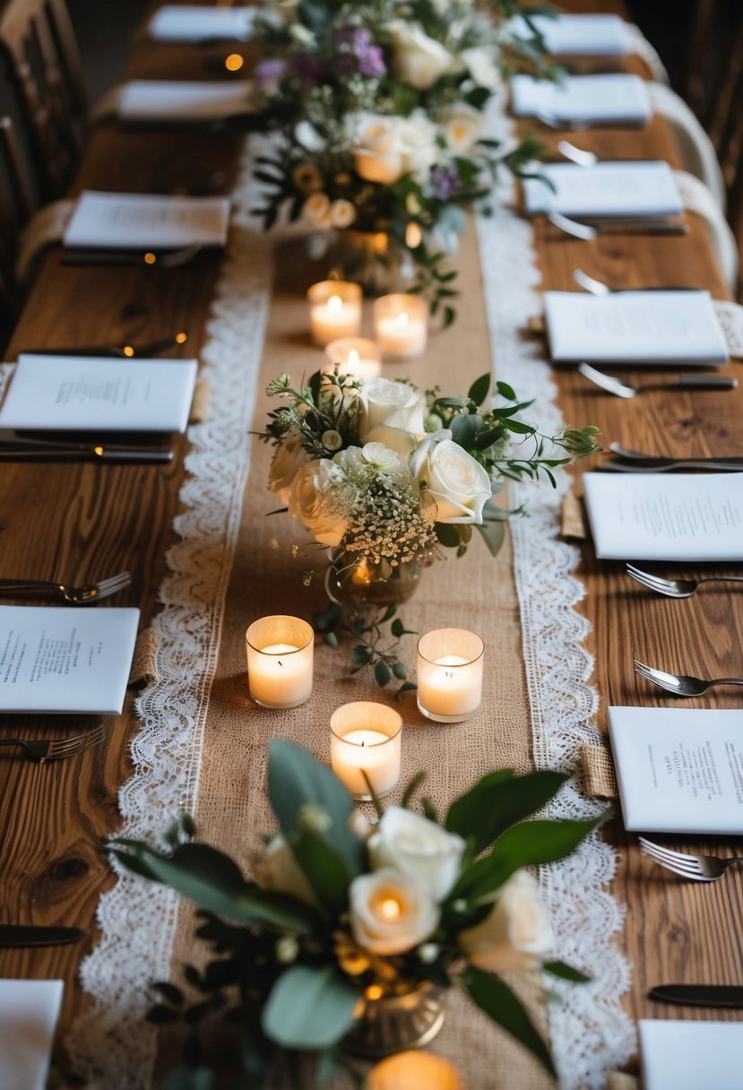 A rustic wooden table adorned with burlap and lace runners, adorned with delicate floral arrangements and flickering tea lights