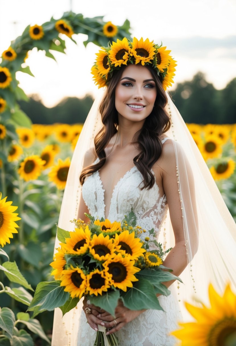 A bride wearing a flowing sunflower crown ensemble, surrounded by a field of sunflowers and a bohemian wedding arch