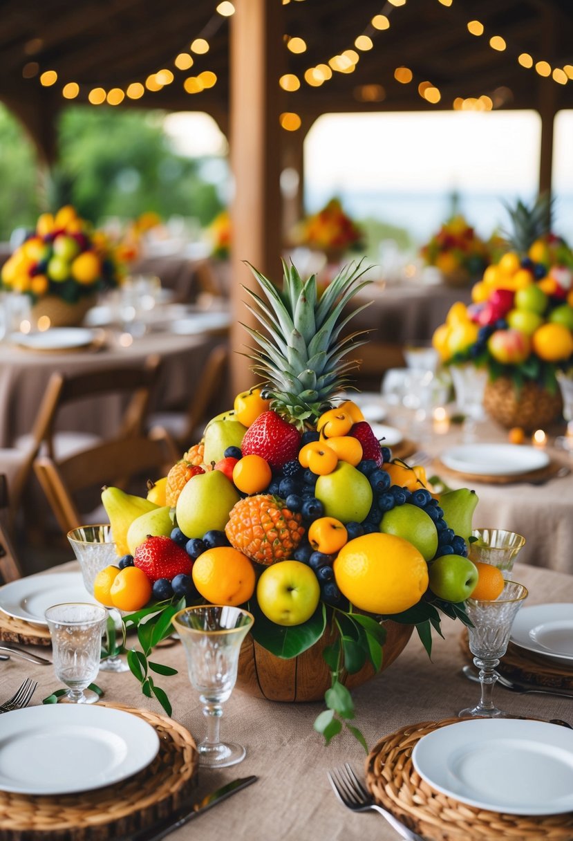 Fresh fruit centerpieces adorn rustic table settings, with vibrant colors and whimsical arrangements creating a lighthearted atmosphere for a wedding celebration