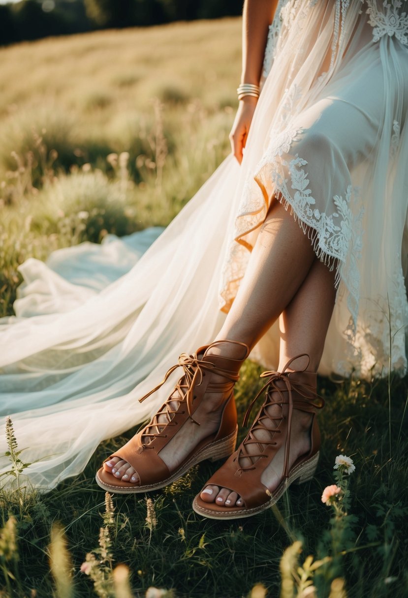 A pair of rustic lace-up sandals sits next to a flowing, bohemian wedding dress in a sunlit meadow