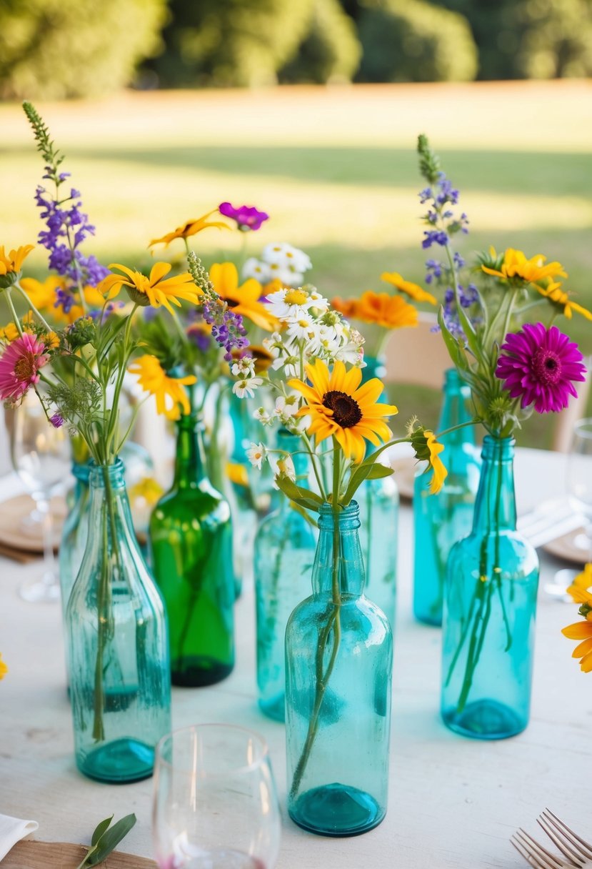 A collection of upcycled glass bottle vases filled with colorful wildflowers, adorning a rustic wedding table with a light and joyful atmosphere