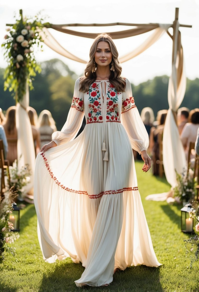 A flowing, long-sleeved peasant dress with floral embroidery, set against a backdrop of a bohemian outdoor wedding ceremony