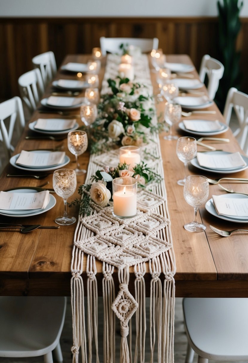 A boho macramé runner drapes across a wooden table, adorned with delicate floral arrangements and twinkling tea lights