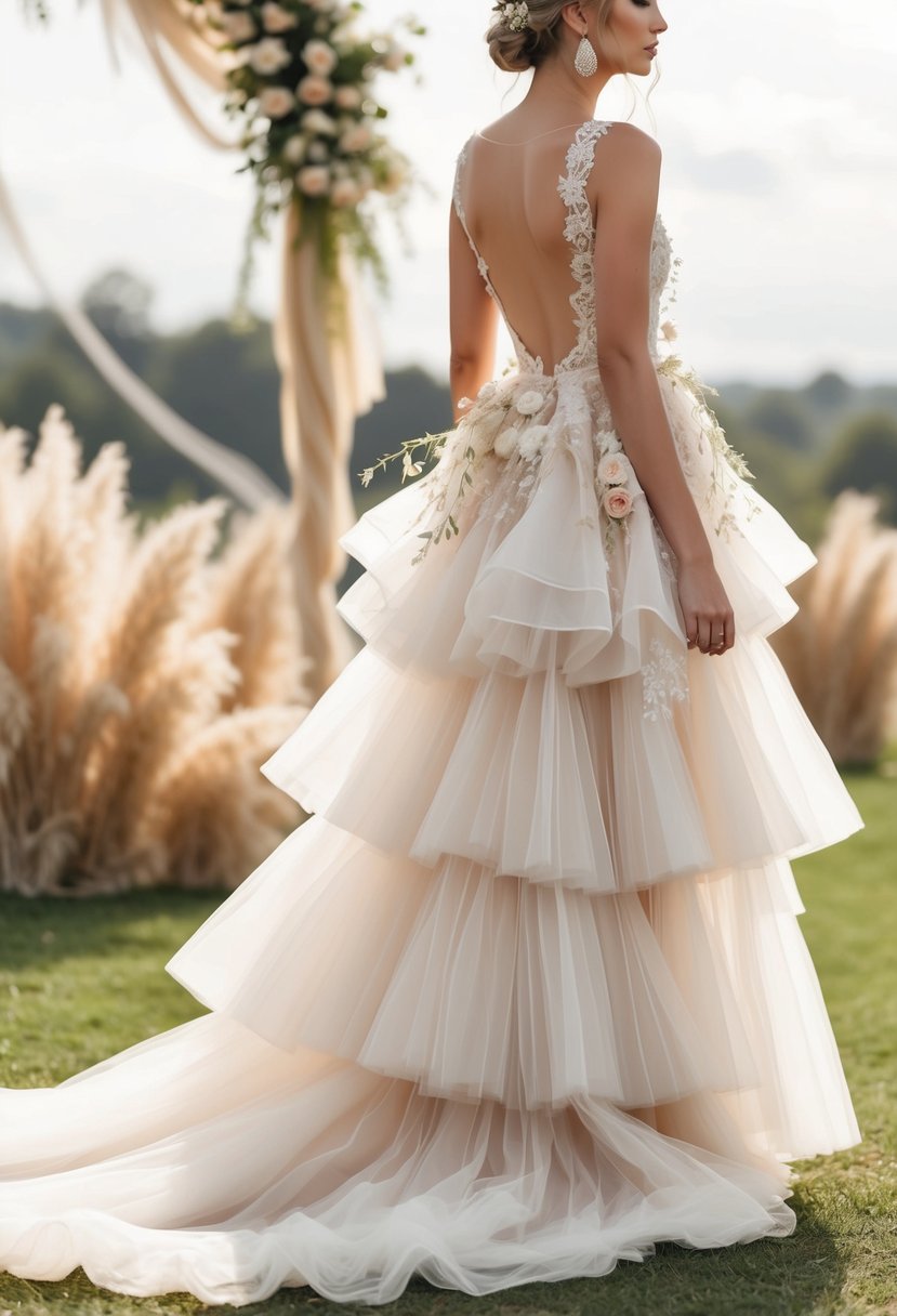 A flowing, gossamer tulle wedding dress with layers of delicate fabric, adorned with floral and lace details, set against a backdrop of a whimsical outdoor bohemian wedding