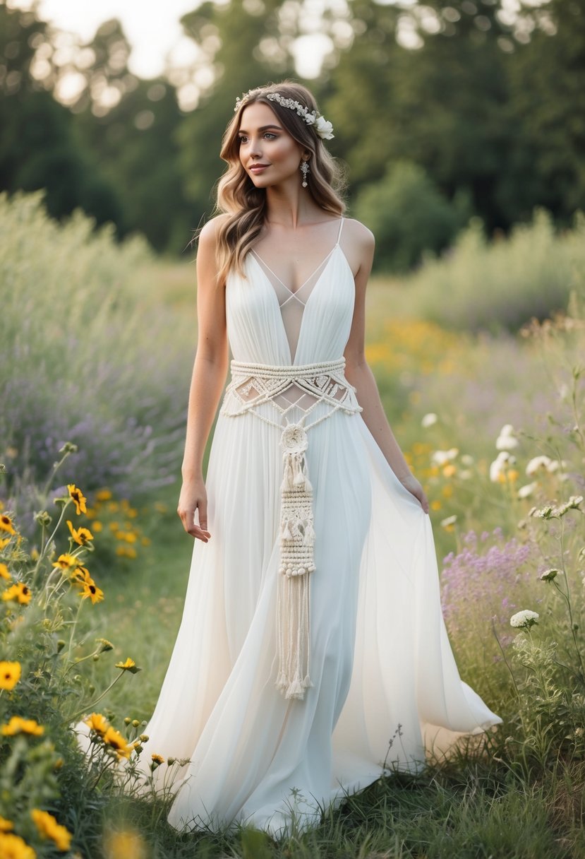 A flowing bohemian wedding dress adorned with a delicate macrame bridal belt, set against a backdrop of wildflowers and woodland