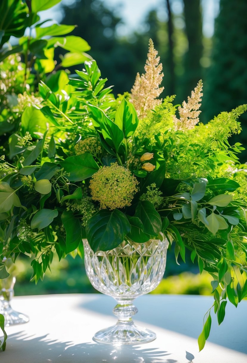 A lush bouquet of vibrant green foliage and delicate gold flowers cascades from a crystal vase, catching the sunlight in a dazzling display of natural beauty