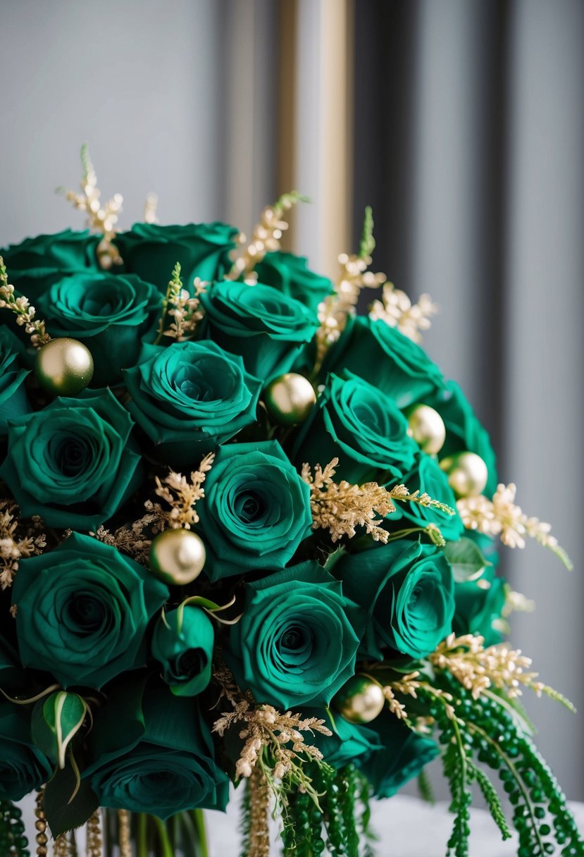 An opulent bouquet of emerald green roses with delicate gold accents, arranged in a lush, cascading style